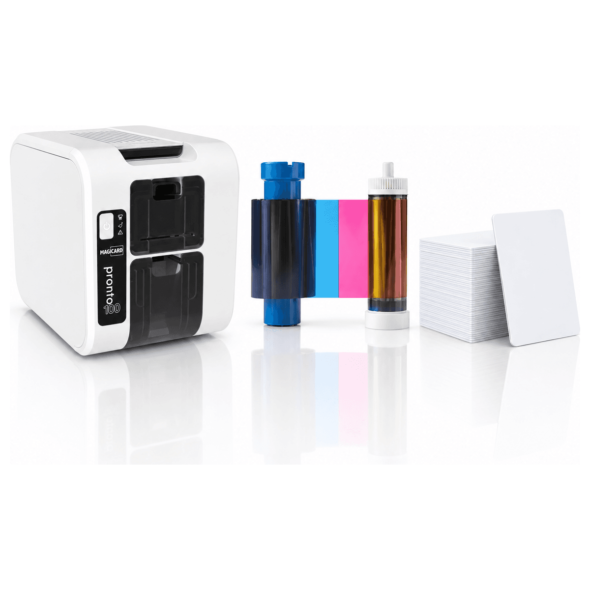 Zestaw startowy Magicard Pronto100: drukarka, taśma YMCKO i karty PVC Premium
