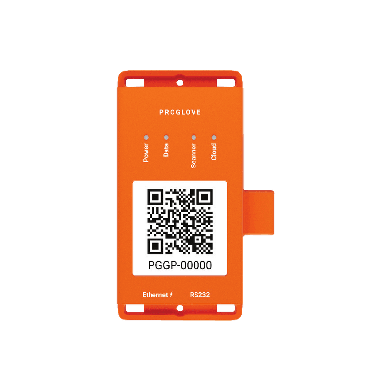 ProGlove Gateway Plus — pomarańczowa bramka z diodami Power, Data, Scanner i Cloud oraz kodem QR