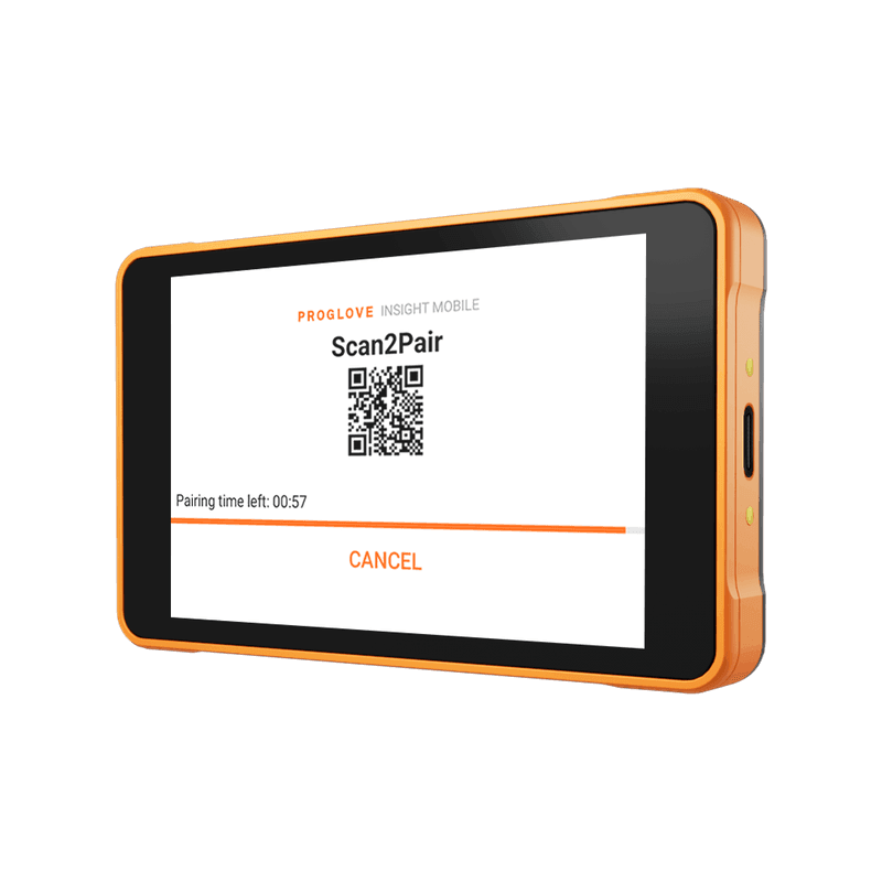 ProGlove LANA — pomarańczowa obudowa, ekran parowania skanera Scan2Pair w aplikacji INSIGHT Mobile