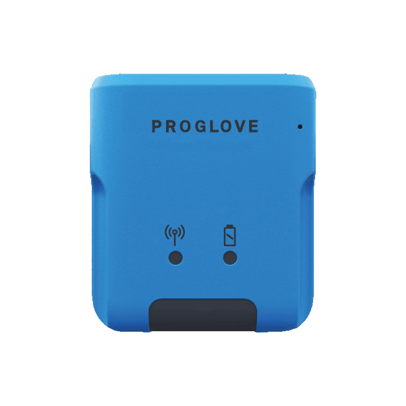 ProGlove LEO — niebieski skaner noszony na dłoni, widok z przodu z diodami stanu