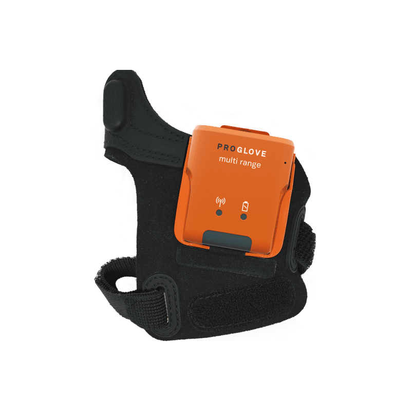 ProGlove MARK 3 Multi Range — pomarańczowy skaner zapięty w opasce Hand Strap (opaska sprzedawana osobno)