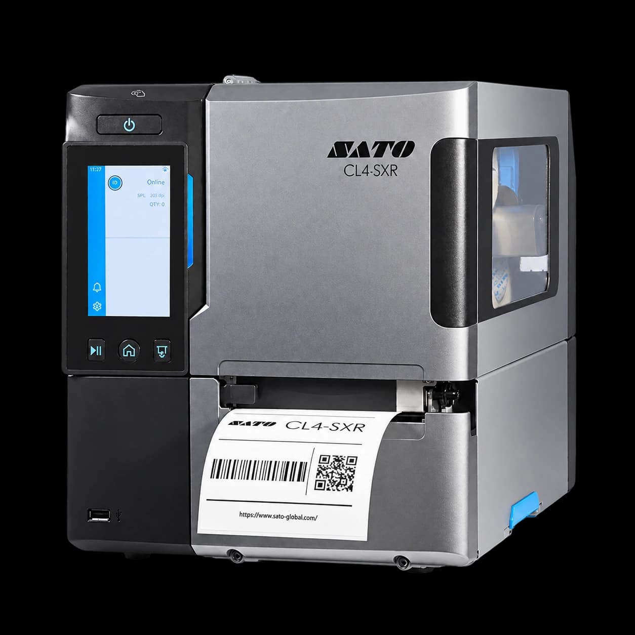 SATO CL4-SXR RFID — przemysłowa drukarka etykiet, widok pod kątem z prawym bokiem