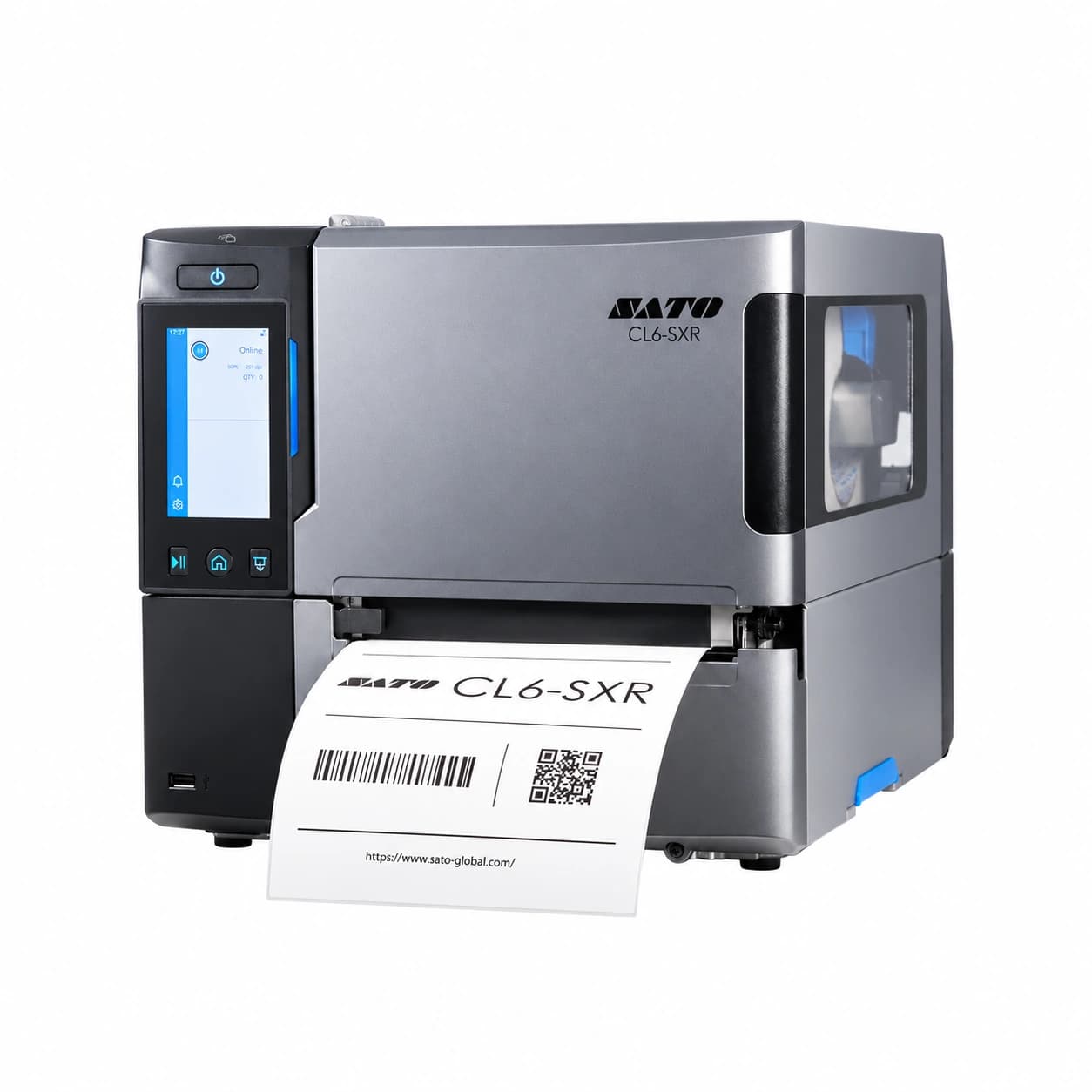 SATO CL6-SXR RFID — przemysłowa drukarka etykiet, widok pod kątem z prawym bokiem