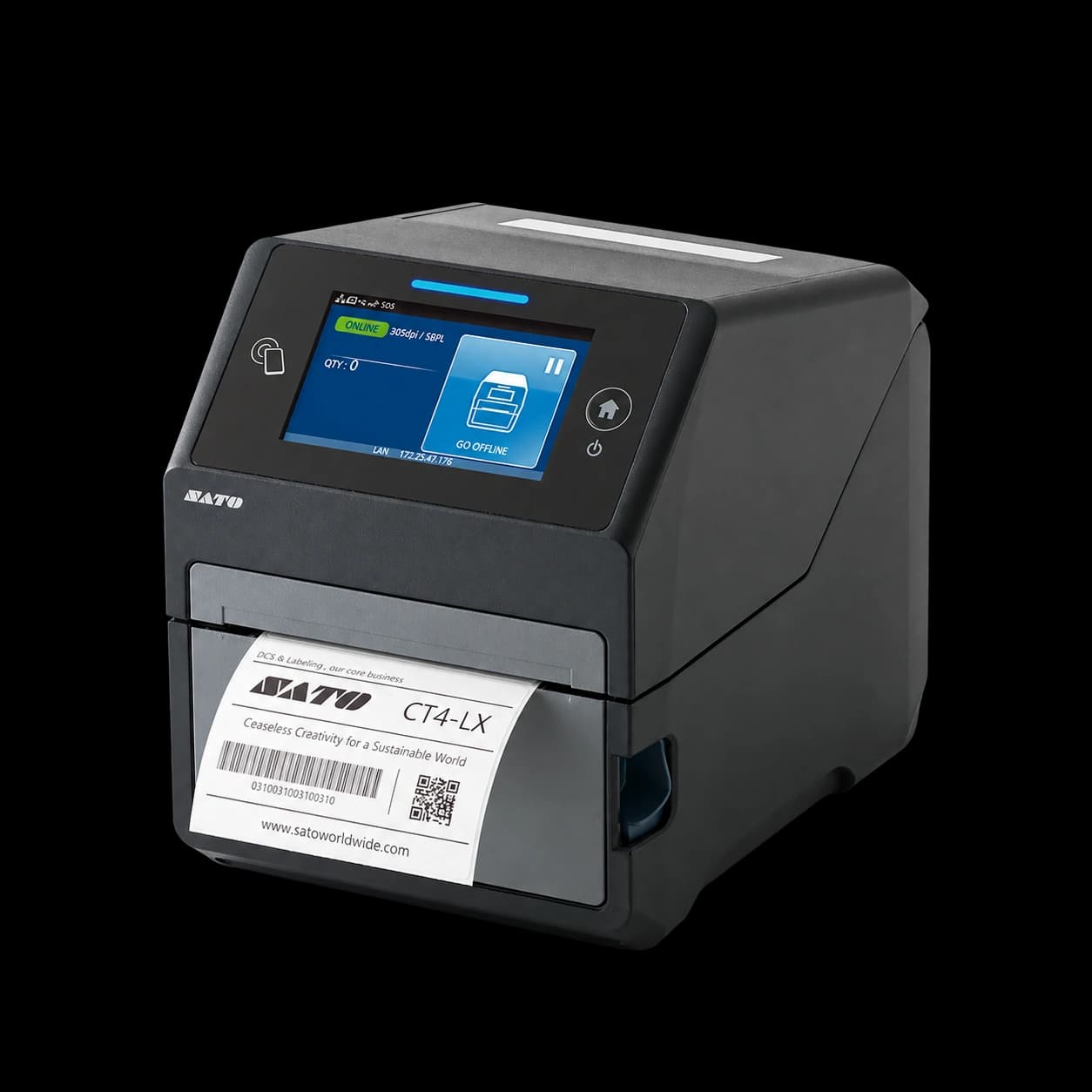 SATO CT4-LX RFID — biurkowa drukarka z ekranem dotykowym, widok pod kątem z prawym bokiem