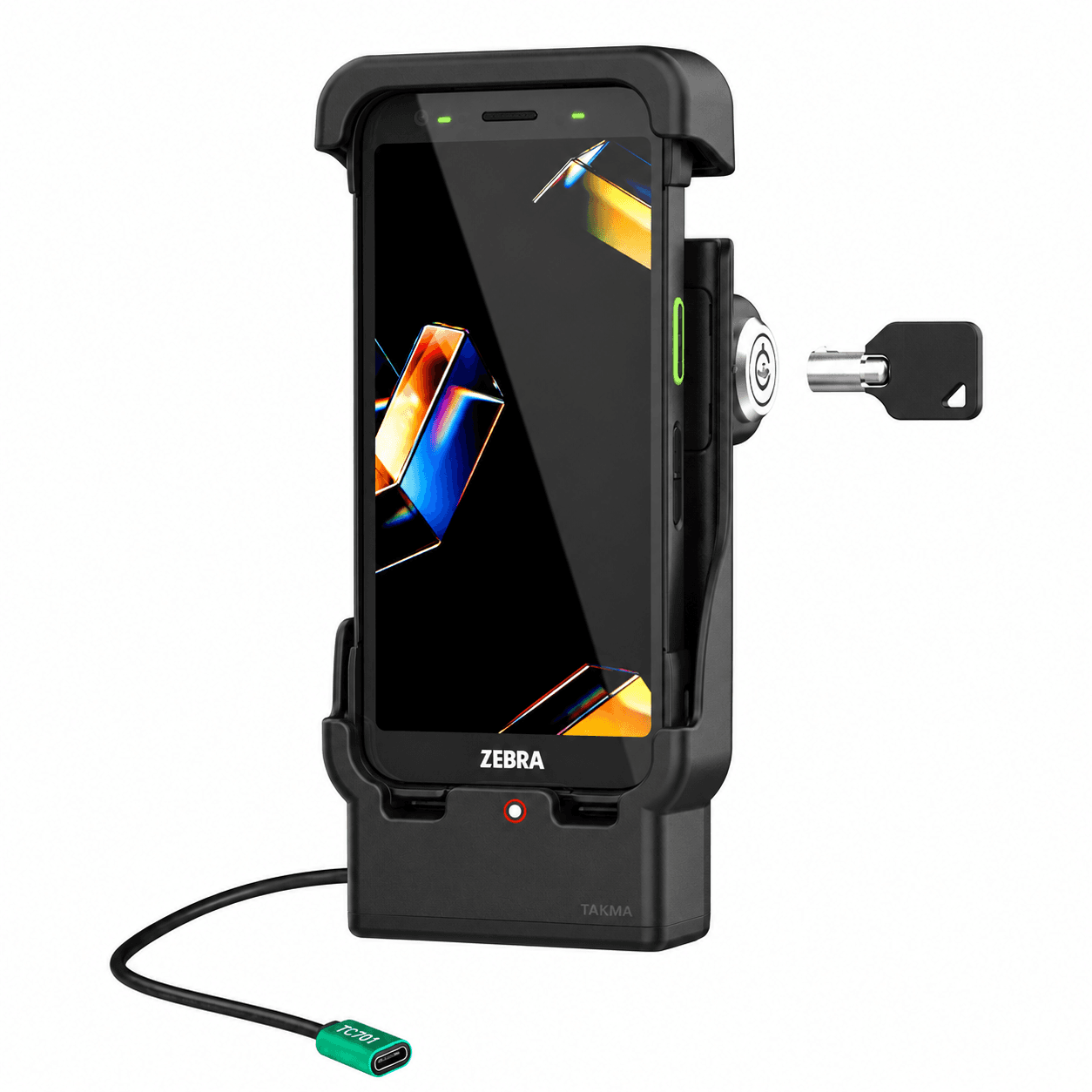 Stacja pojazdowa RAM Zebra TC701 — USB-C, z zamkiem — widok akcesorium; terminal pokazano jako przykład, jest sprzedawany osobno