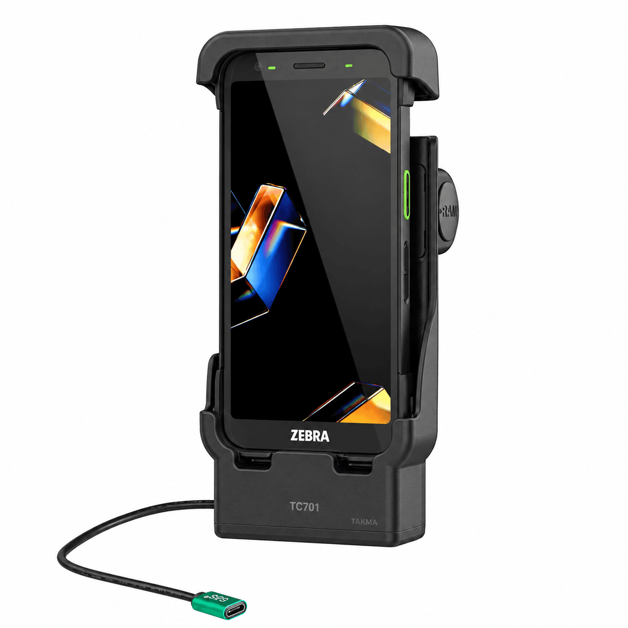 Stacja pojazdowa RAM Zebra TC701 — USB-C, bez zamka — widok akcesorium; terminal pokazano jako przykład, jest sprzedawany osobno