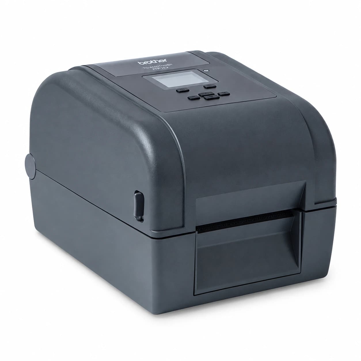 Brother TD-4650TNWBR — biurkowa drukarka UHF RFID, widok z przodu i z lewego boku