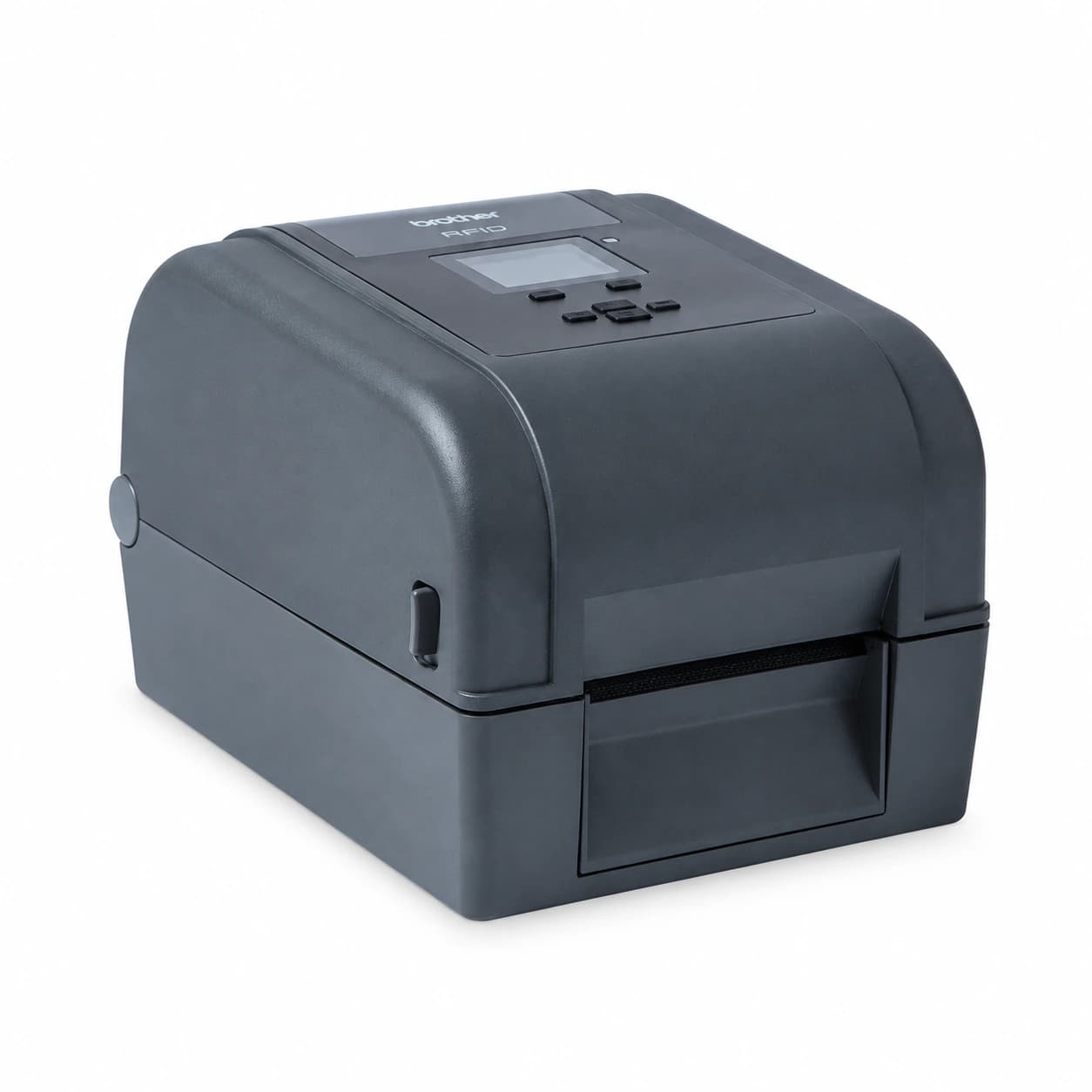 Brother TD-4750TNWBR — biurkowa drukarka UHF RFID, widok z przodu i z lewego boku