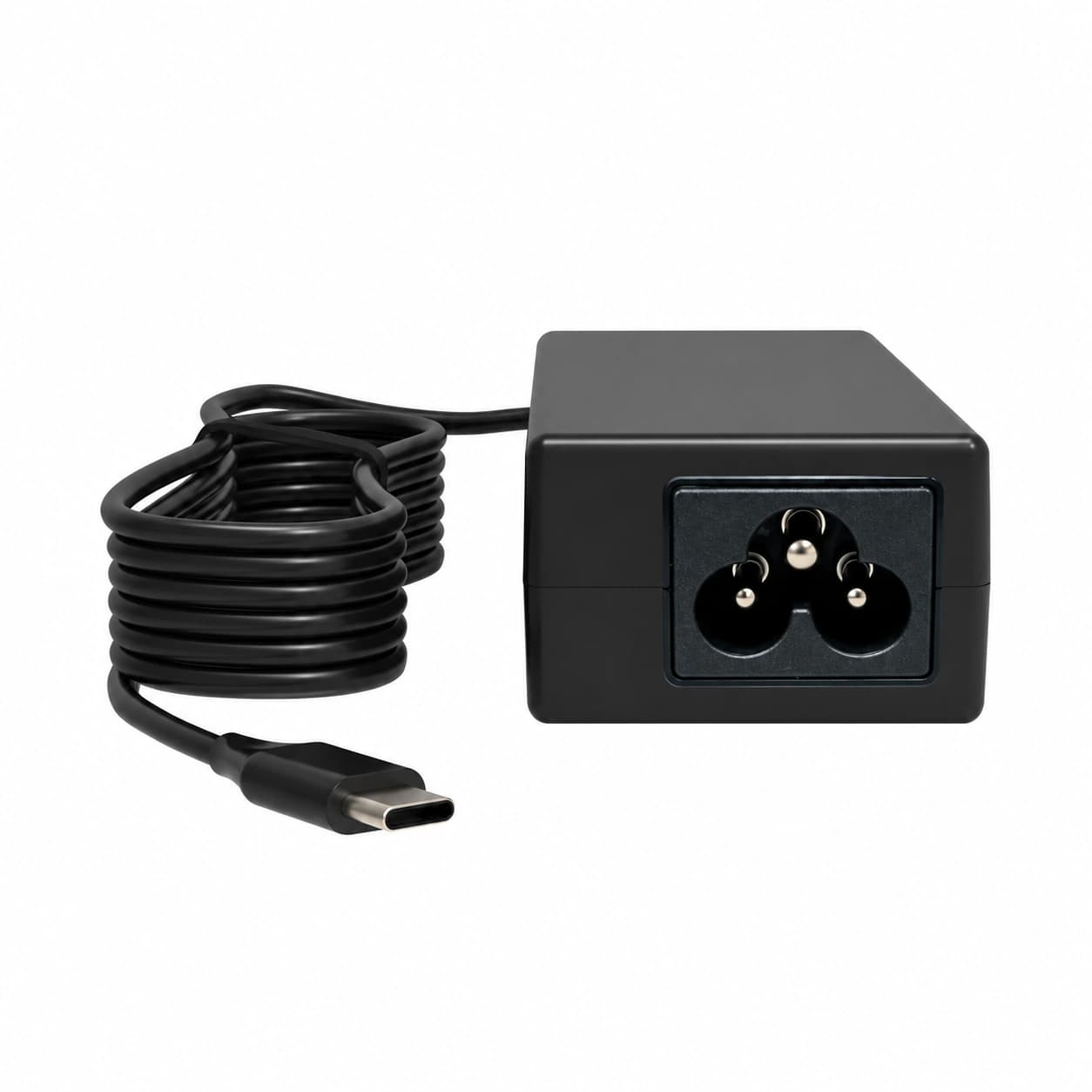 Zasilacz USB-C 45 W Unitech 1010-900072G — zasilacz z gniazdem sieciowym C6 i zwiniętym przewodem zakończonym wtykiem USB-C