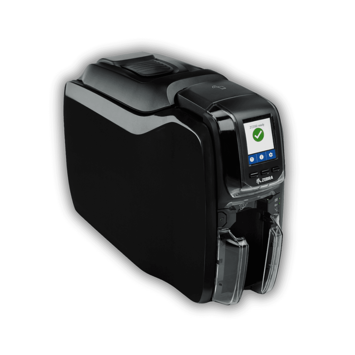 Zebra ZC350 — czarna drukarka kart z kolorowym wyświetlaczem LCD i odbiornikiem kart, ujęcie pod kątem od prawej