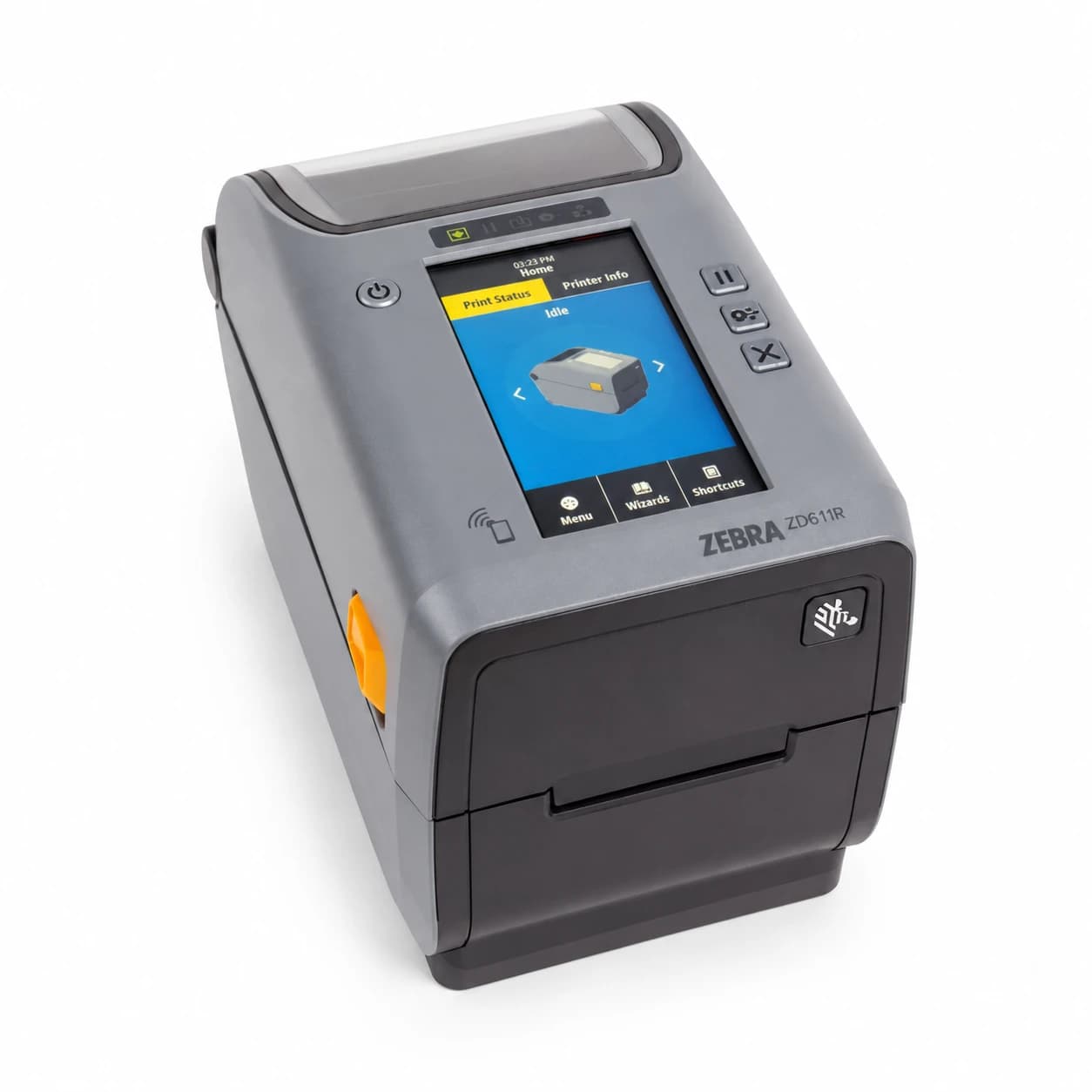 Zebra ZD611R — biurkowa drukarka RFID do wąskich etykiet, widok z przodu pod kątem