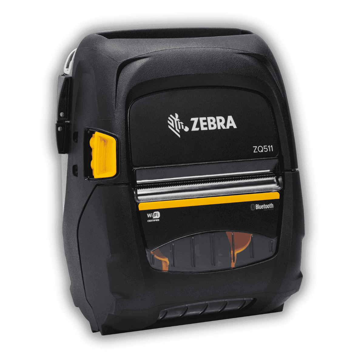Mobilna drukarka etykiet Zebra ZQ511 — widok z przodu z logo Wi-Fi i Bluetooth, żółty mechanizm otwierania