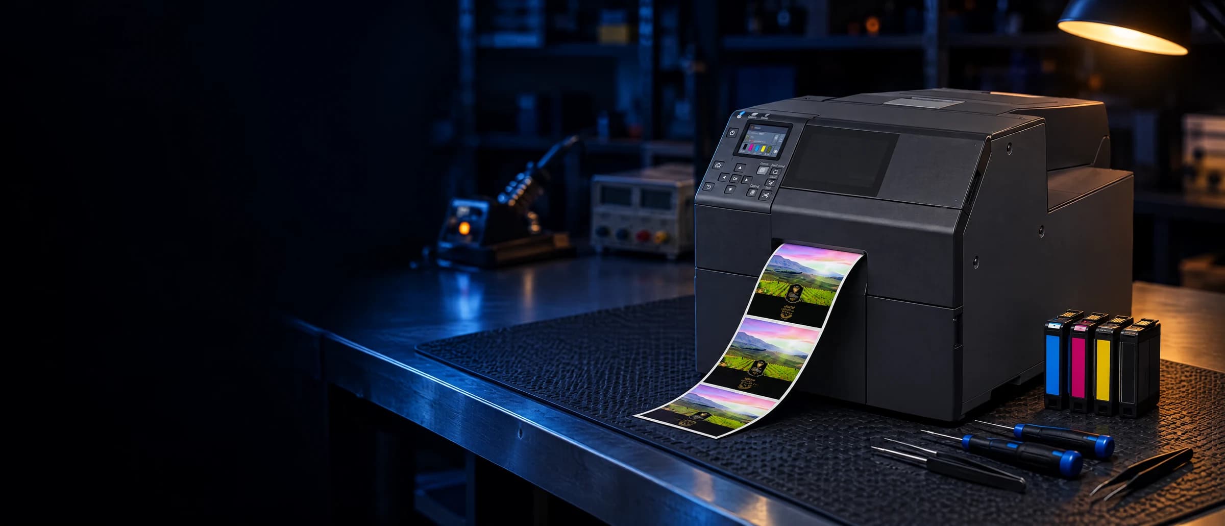 Drukarka Epson ColorWorks z komunikatem błędu na wyświetlaczu