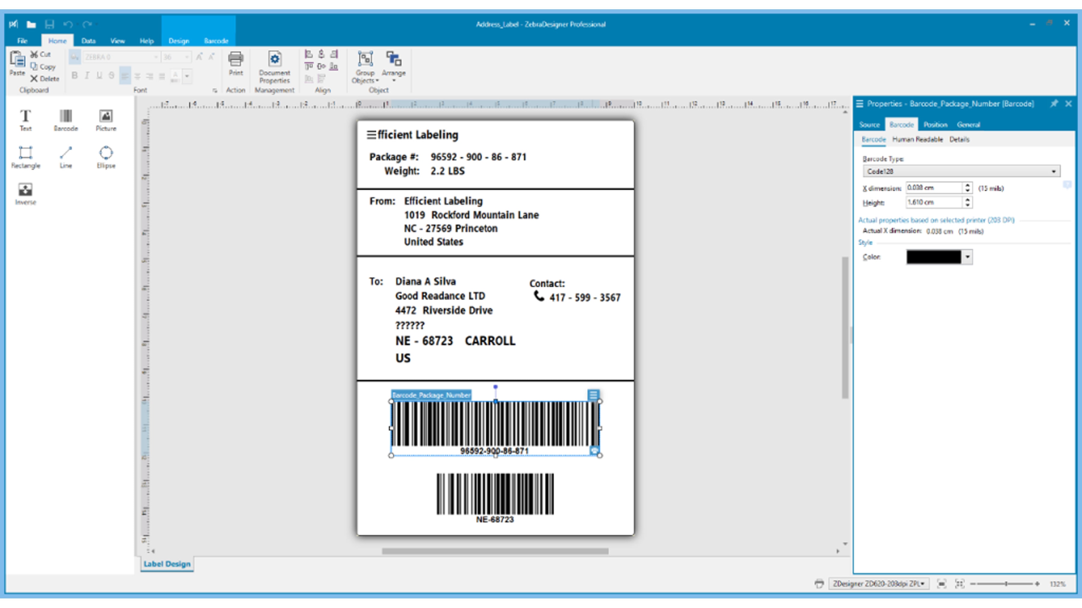 ZebraDesigner Professional — etykieta logistyczna i ustawienia kodu Code 128
