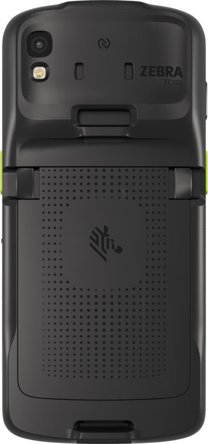 Kolektor danych Zebra TC201 — widok z tyłu: okno skanera, aparat 16 MP z lampą i antena RFID