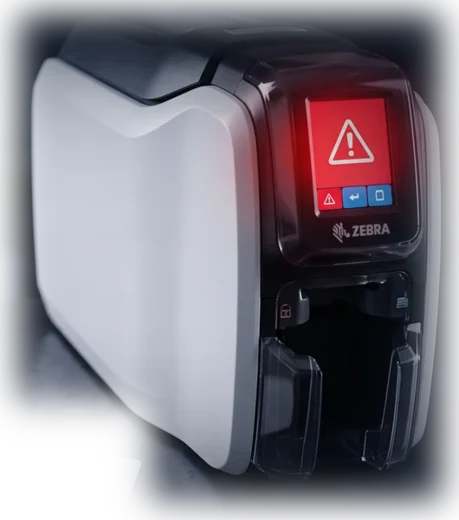 Drukarka kart Zebra ZC300 z czerwonym ekranem błędu na wyświetlaczu